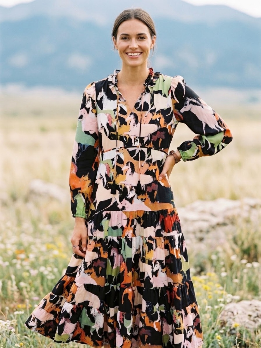 Beulah Horse Print Tiered Maxi Dress in Black Multi size Medium